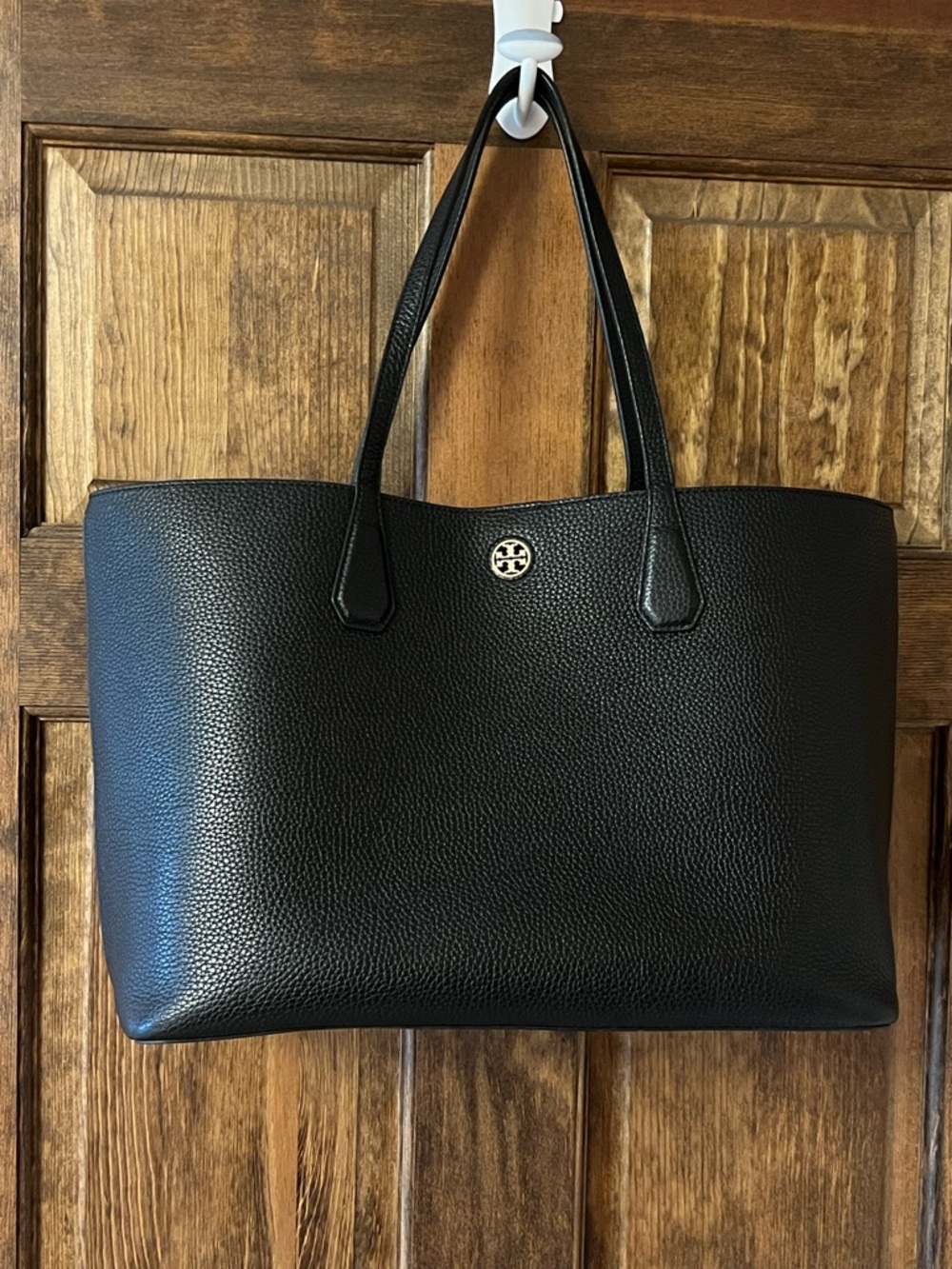 Tory Burch Black Pebbled Leather Everyday Tote with Logo